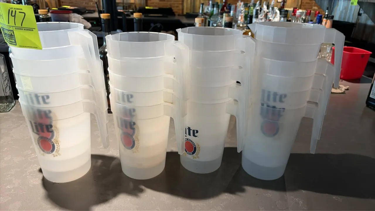 Miller Lite plastic beer pitchers. Features frosted semi-translucent plastic construction with Miller Lite logo graphics, integrated handles, molded p