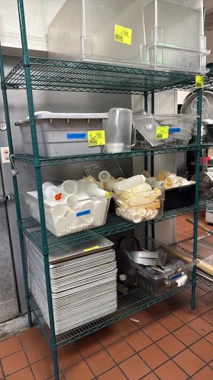 Focus 5-tier wire shelving rack. Features green epoxy-coated wire construction, (5) adjustable shelves, and grooved upright posts. 42" x 24" x 86". NS
