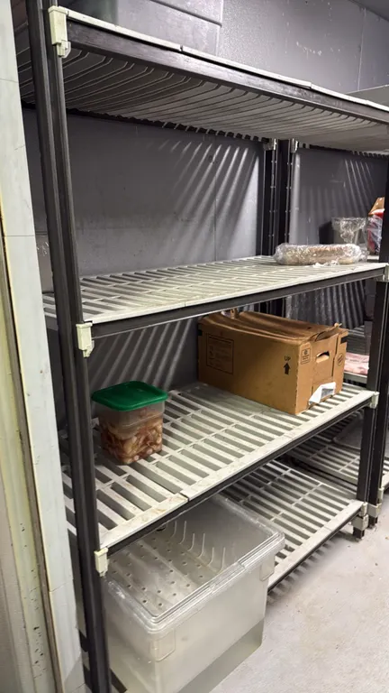 Cambro 4-tier vented composite shelving units. Features composite posts with removable slotted shelf plates. 48"W. Contents not included.