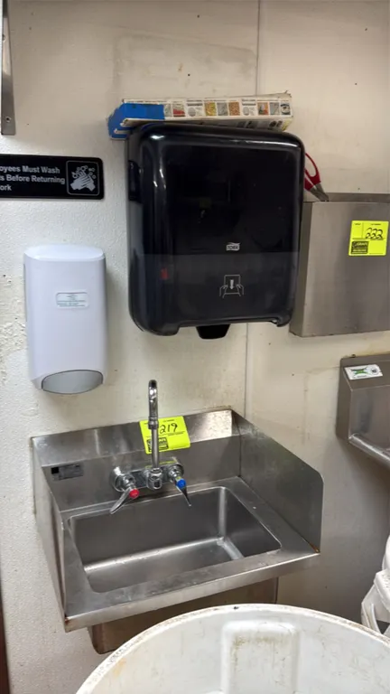 Stainless steel hand sink. Features gooseneck faucet and integrated side splashes. Includes Tork paper towel dispenser and wall-mounted soap dispenser