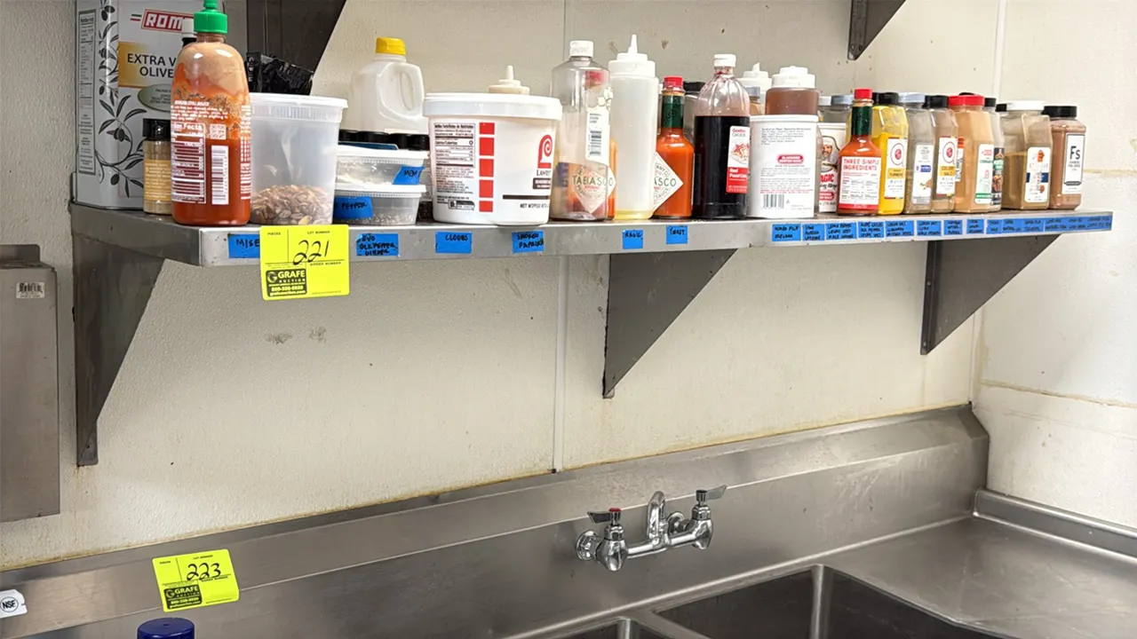 Stainless steel wall-mount shelf. Features (3) support brackets. 72" x 15". Contents not included.