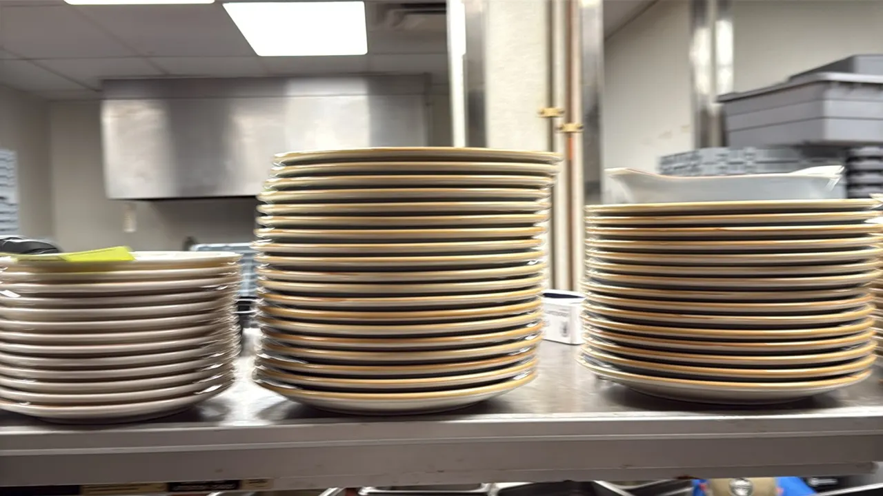 Assorted restaurant dinnerware. Includes stacks of blue swirl dinner plates with tan rims, white plates with accent rims, and white handled oval au gr