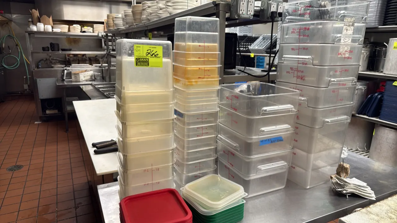 Cambro assorted food storage containers. Includes clear and translucent square food containers with printed measurement graduations and assorted snap-