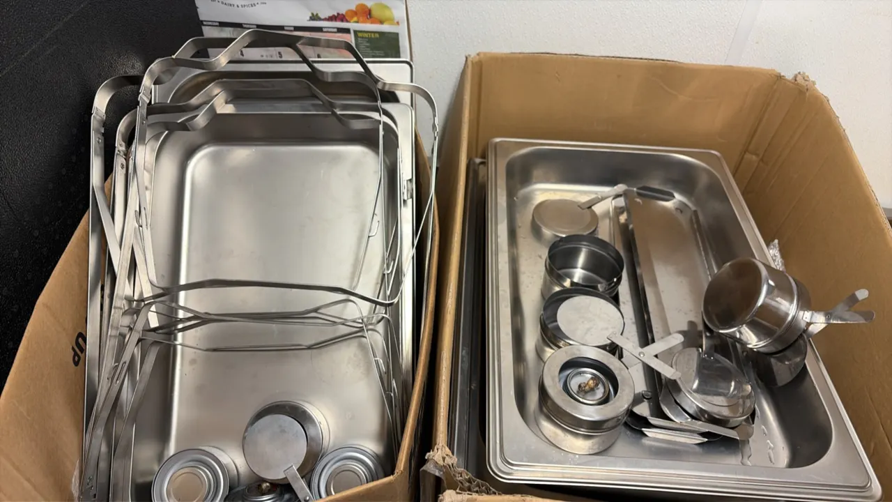 Stainless steel full-size chafing pans. Includes stainless steel pan inserts, folding wire stands, fuel trays, and fuel canister holders.