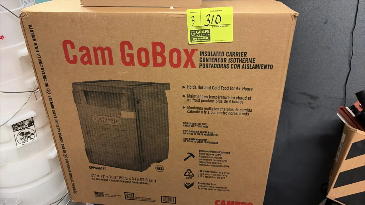 Cambro Cam GoBox insulated carrier and Camwear food storage boxes. Includes (1) EPP400110 insulated carrier designed to hold up to four 4" deep food p