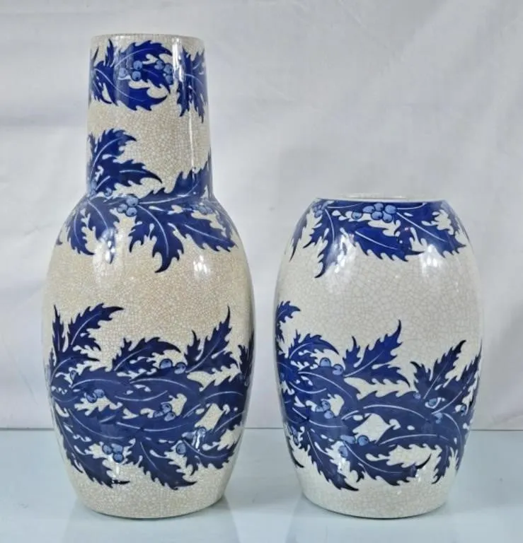 Pair of Cobalt Leaves Vases - Tallest is 17.5"H