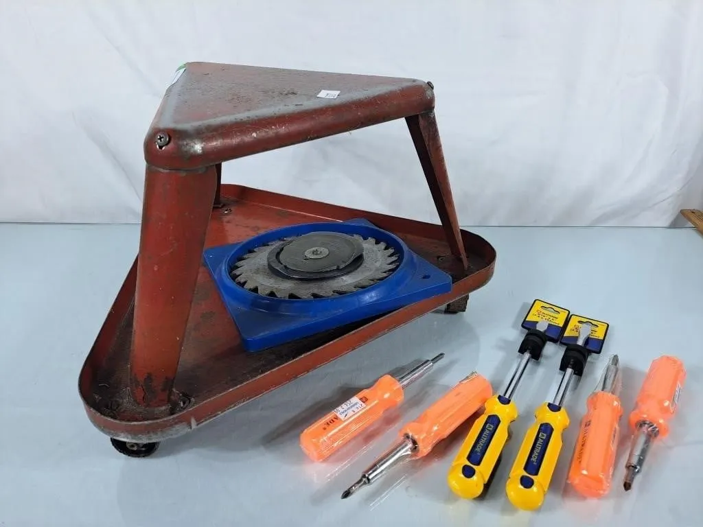 Vintage Rolling Shop Stool, Saw Blade &