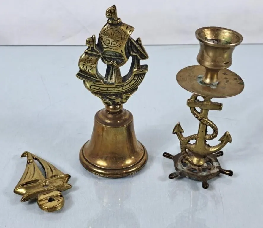 Brass Nautical Bell, Candle Holder & Sailboat