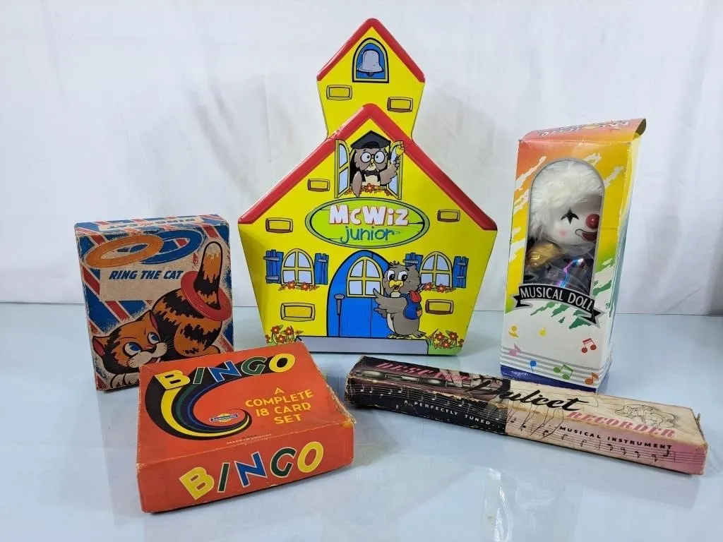 Vintage Bingo Game, Recorder. Clown Musical Doll,