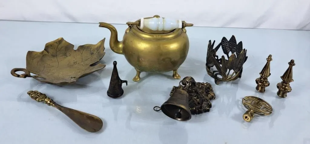Brass Teapot, Finials, Maple Leaf Trinket Dish,