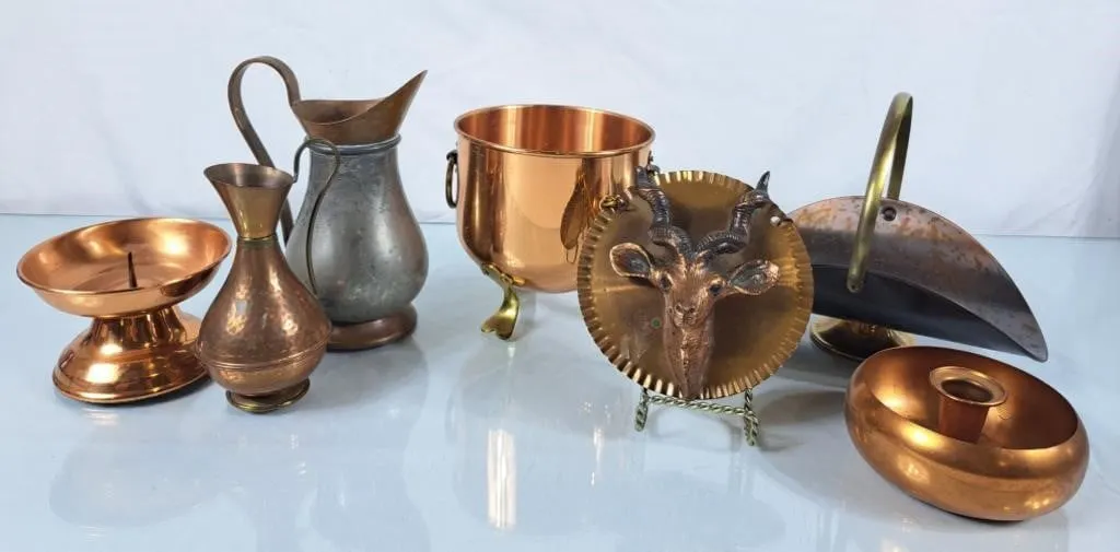 Copper Footed Pot, Pitchers, Candle Holders, Kudo