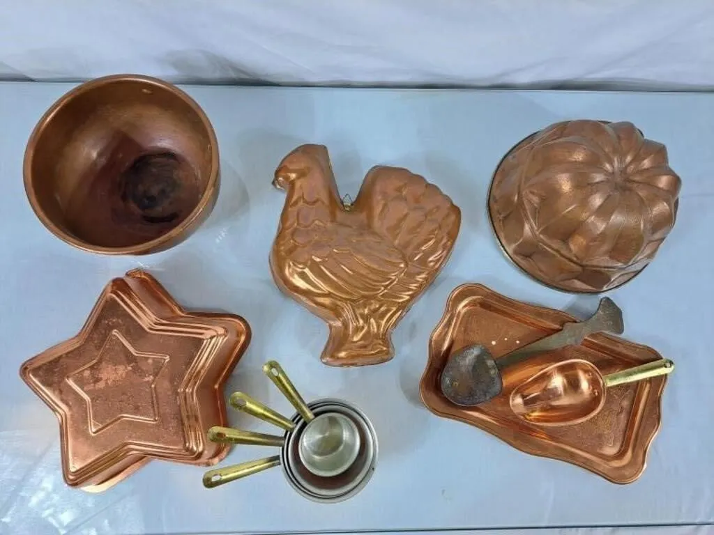 Copper Measuring Cups, Bowl, Scoop, & Jelly Molds