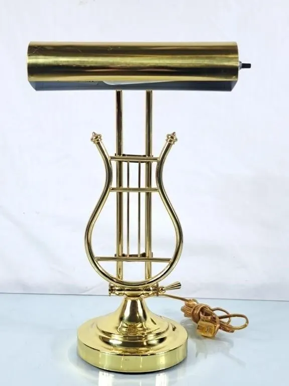 Lovely Lyre Shaped Brass Piano Lamp - 16"H
