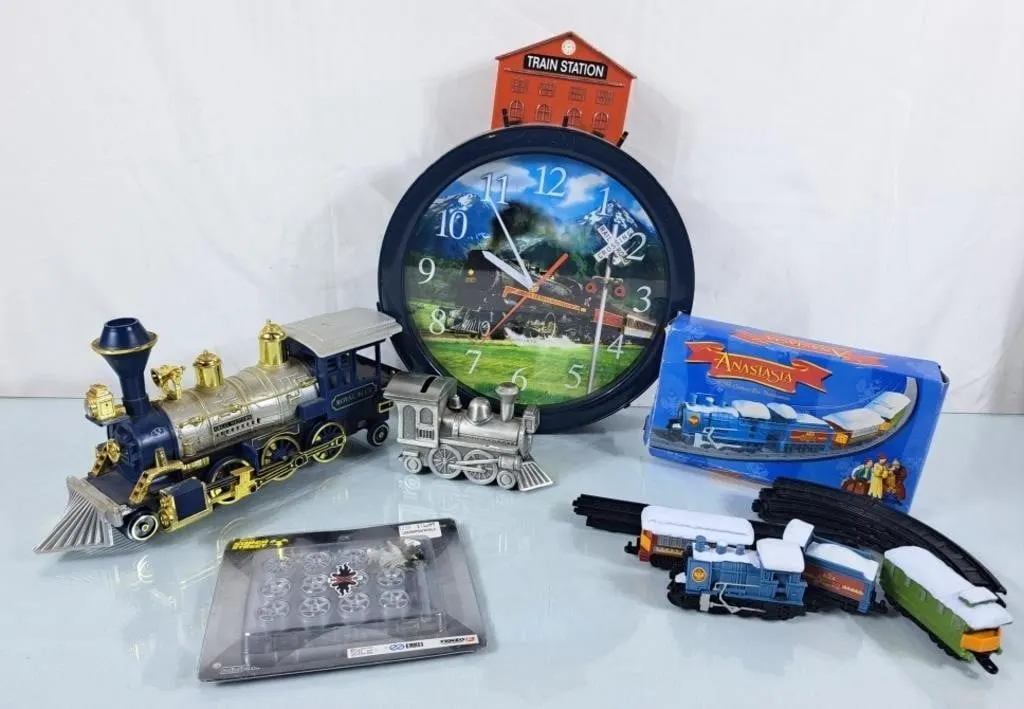 Assortment of Train Collectibles - Clock, Bank,