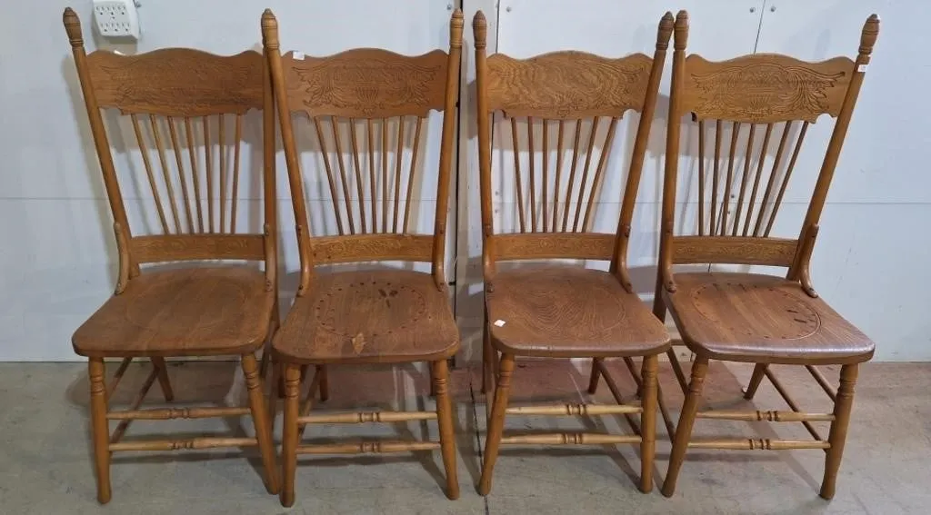 Vintage solid oak pressed-back dining chairs