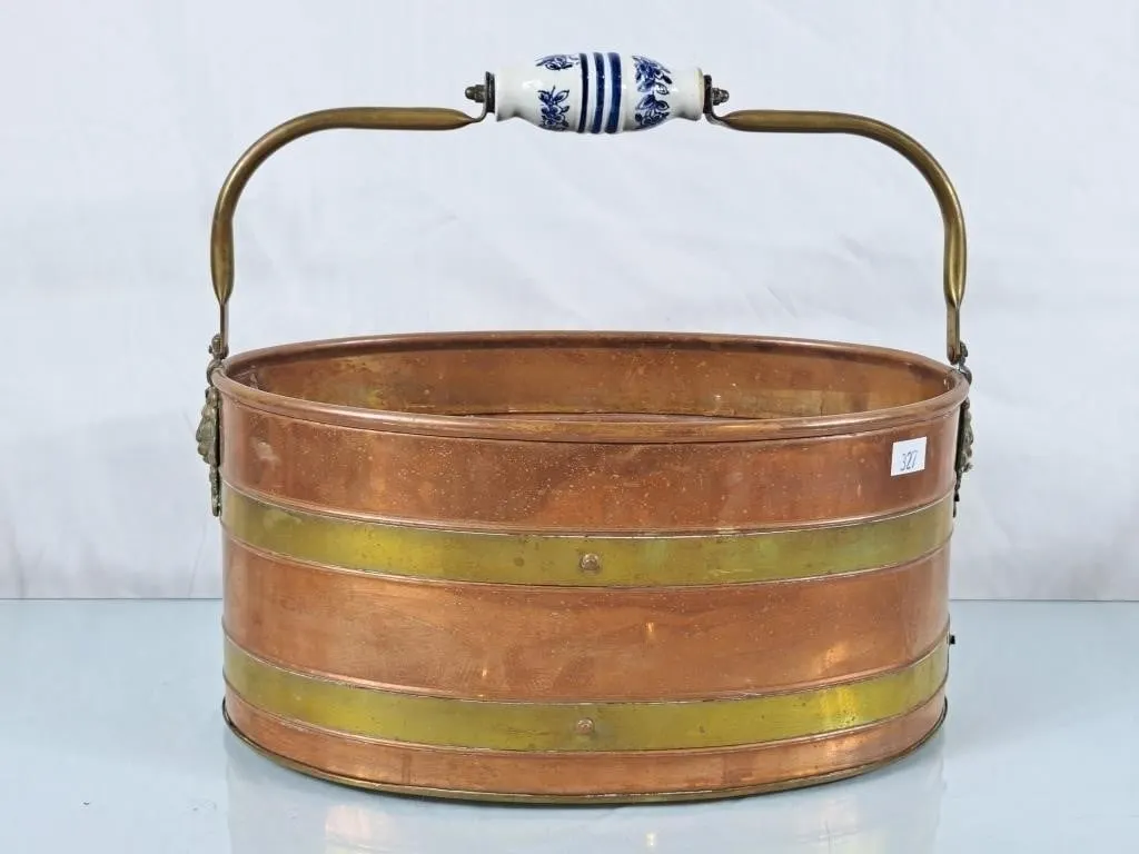 Beautiful Copper & Brass Bucket w/Porcelain