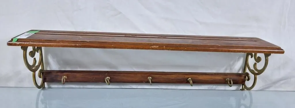 Solid Wood Wall Shelf w/Ornate Brass Ends