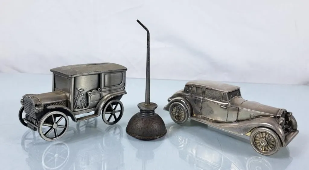 Pewter Car Banks & Small Vintage Oil Can