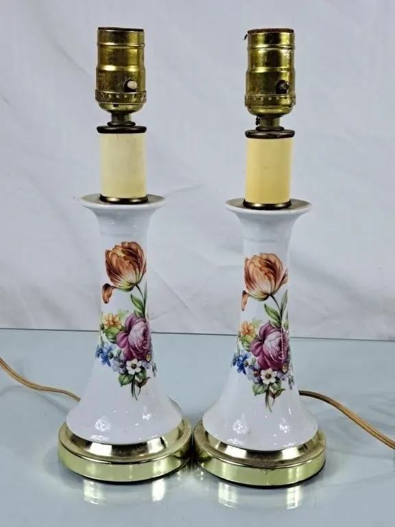 Pair of Vintage Porcelain Floral Lamps - 12.5"H