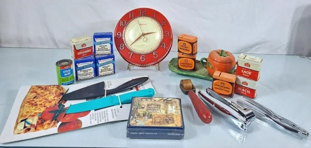Vintage Spice Tins, Sugar Dish, Wall Clock, etc.
