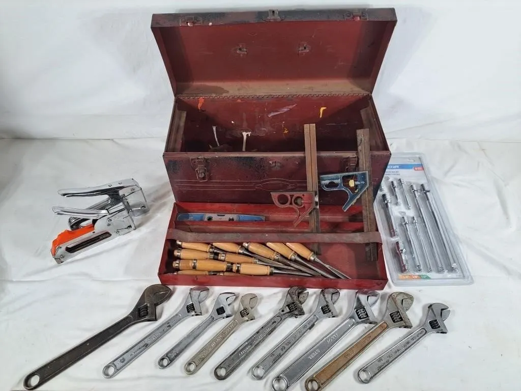 Variety of Adjustable Wrenches, Carving Tools,