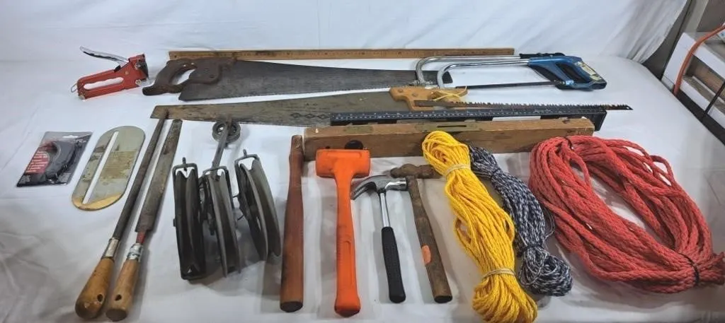 Vintage Level, Handsaws, Rope, Variety of Hammers