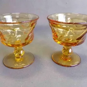 2 Vintage Amber Heavy-Glass Footed Sorbet Goblets