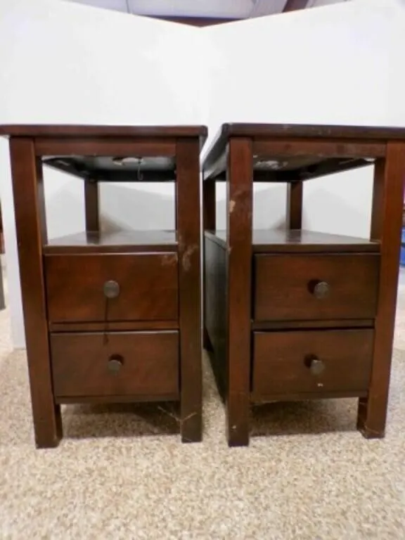 2 Dark Wood End Tables w/2 Small Drawers