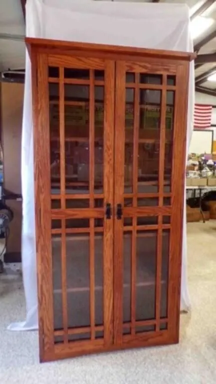Mission-Style Oak Wood & Glass Display Cabinet