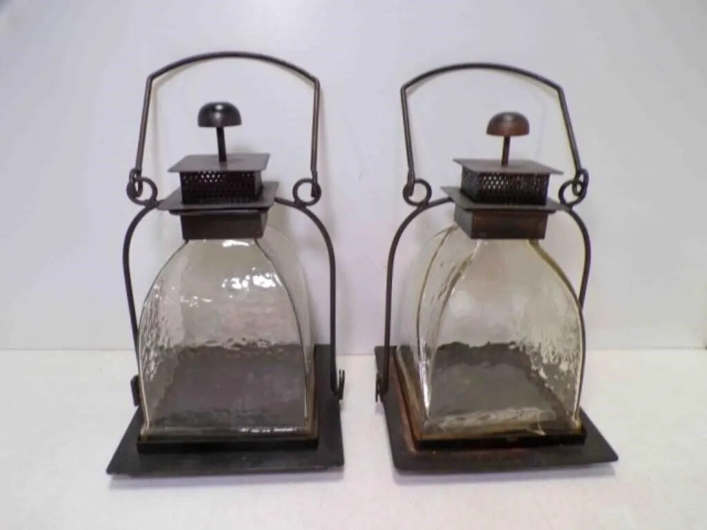 2 Decorative Metal & Glass Candle Lanterns Square