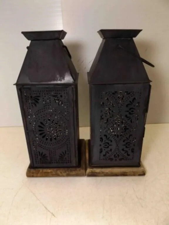 2 Primitive Style Punched Tin Candle Lanterns