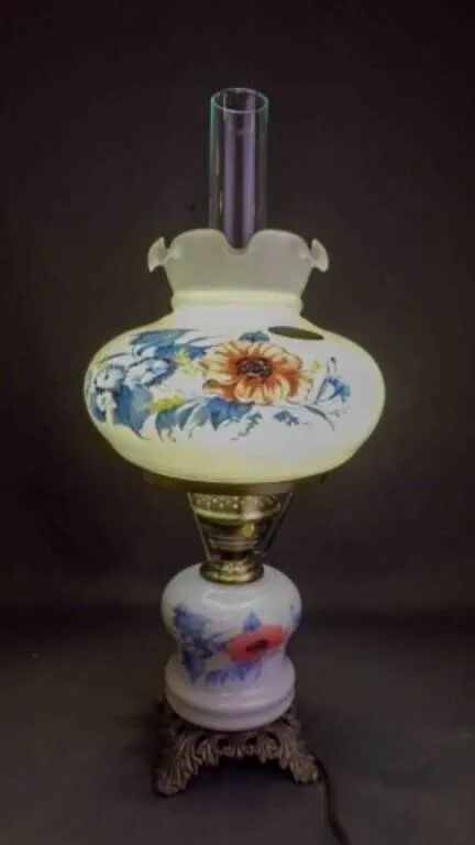 Vintage Hand-Painted Hurricane Glass Electric Lamp