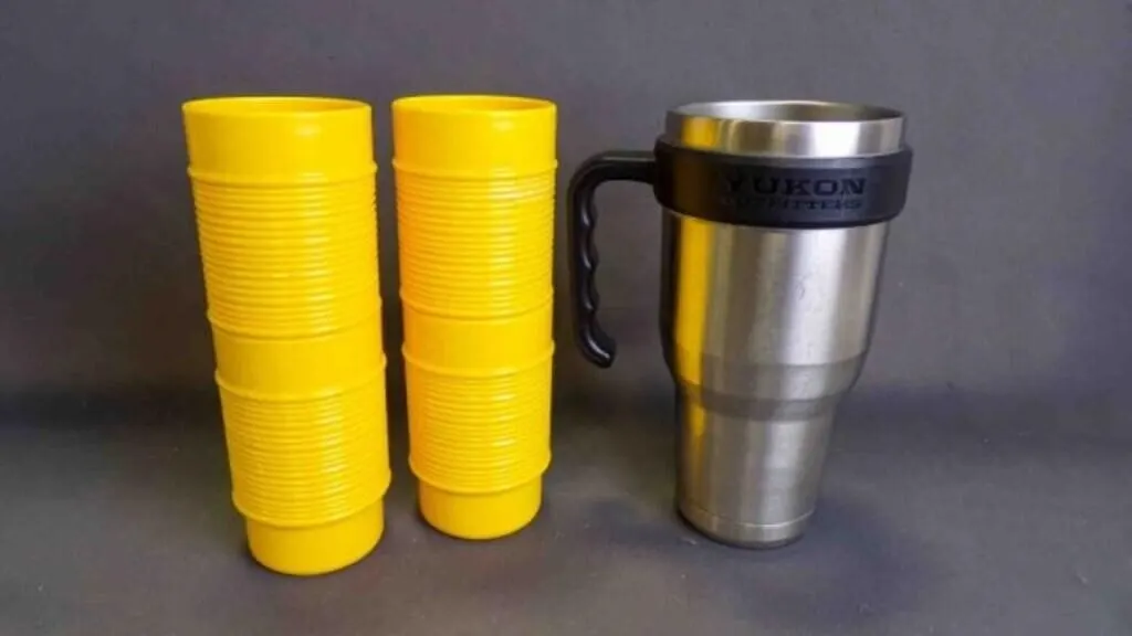4 Yellow Plastic Cups & 1 40-Ounce Travel Mug
