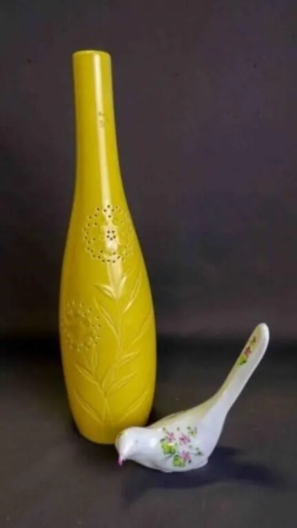 Yellow Floral Ceramic Vase & White Milk Glass Bird