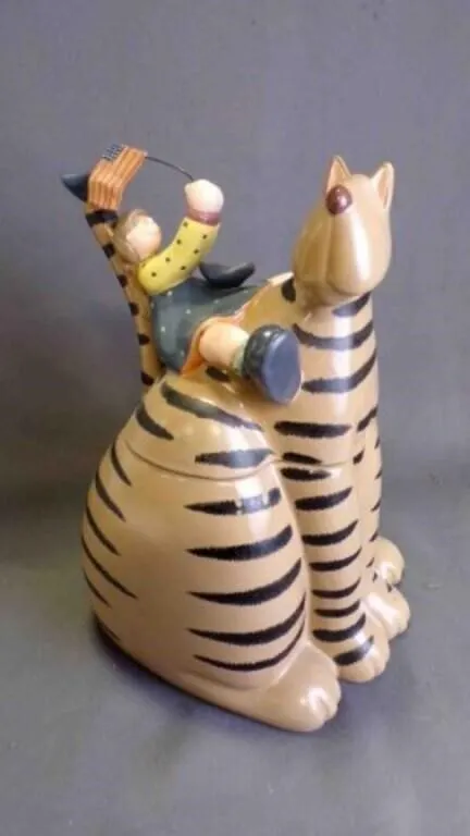 Collectable Ceramic Art Girl Riding Cat Cookie Jar