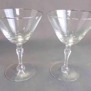 2 Vintage Stemmed Clear Platinum Rim Drink Glasses