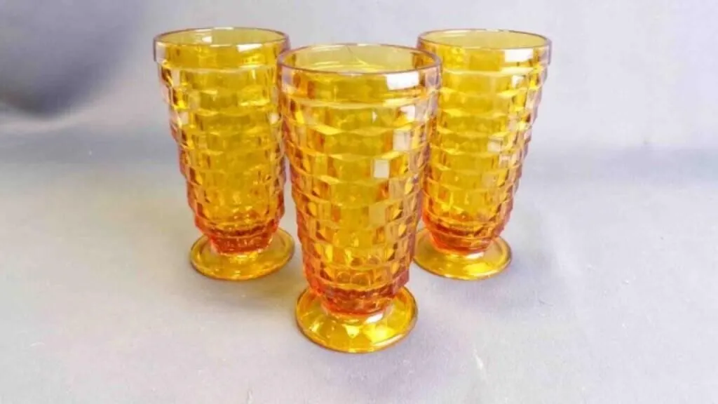 3 Vintage Amber Cubist Footed Iced Tea Glasses