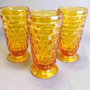 3 Vintage Amber Cubist Footed Iced Tea Glasses