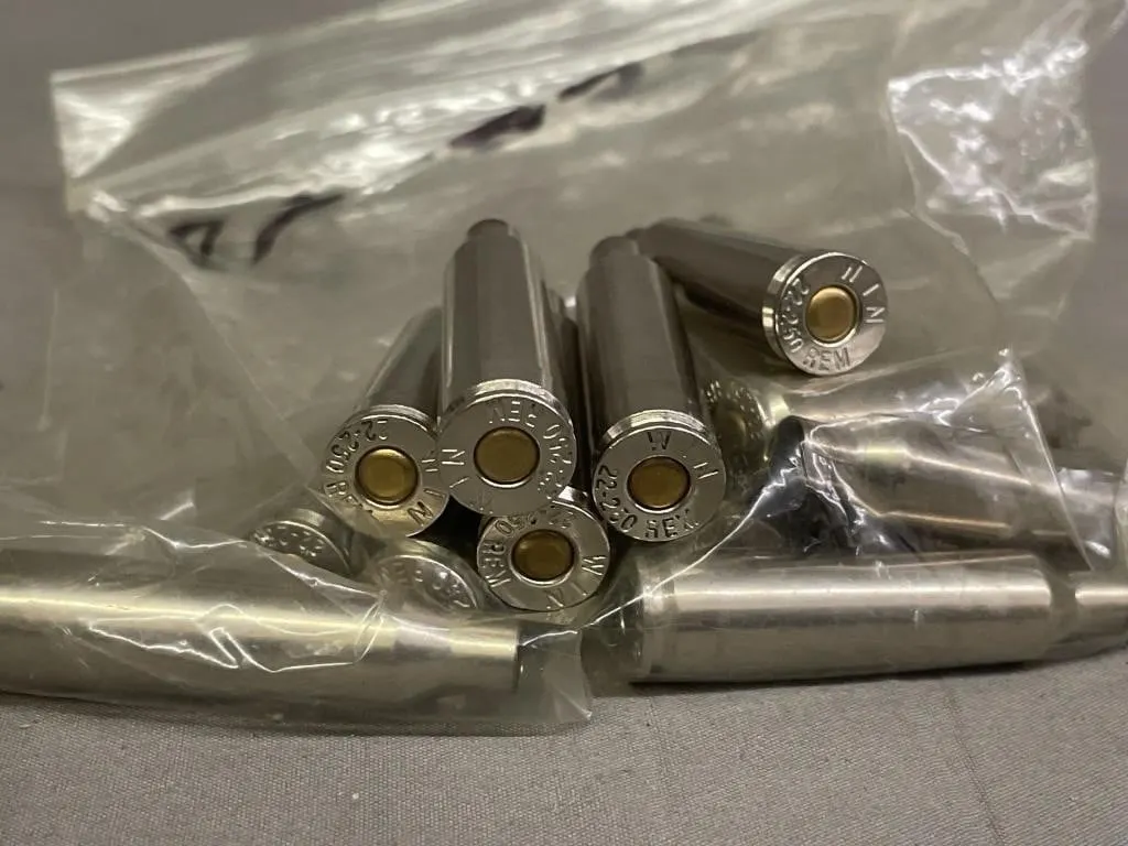 Bag of 8 primed WIN .22-.250 cal. REM brass.