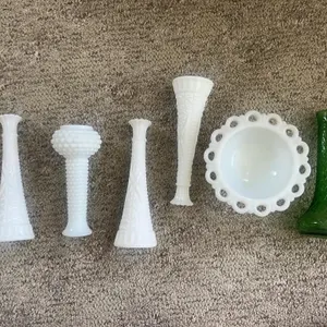 Milk Glass & Green Pressed Glass Vases Set