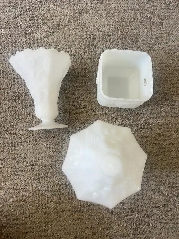 White Milk Glass Grape Pattern Vase & Planter Set