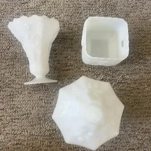 White Milk Glass Grape Pattern Vase & Planter Set