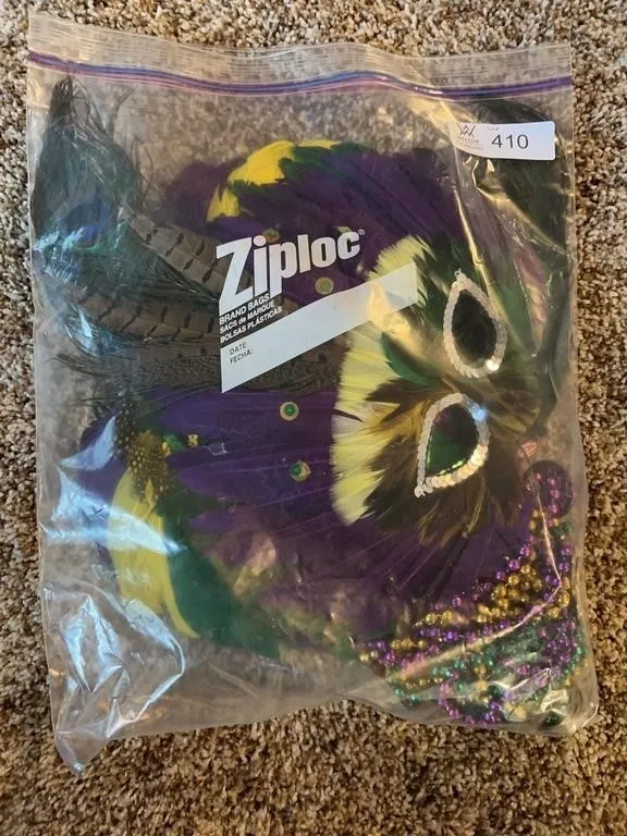 Mardi Gras Feathered Masquerade Mask & Beads