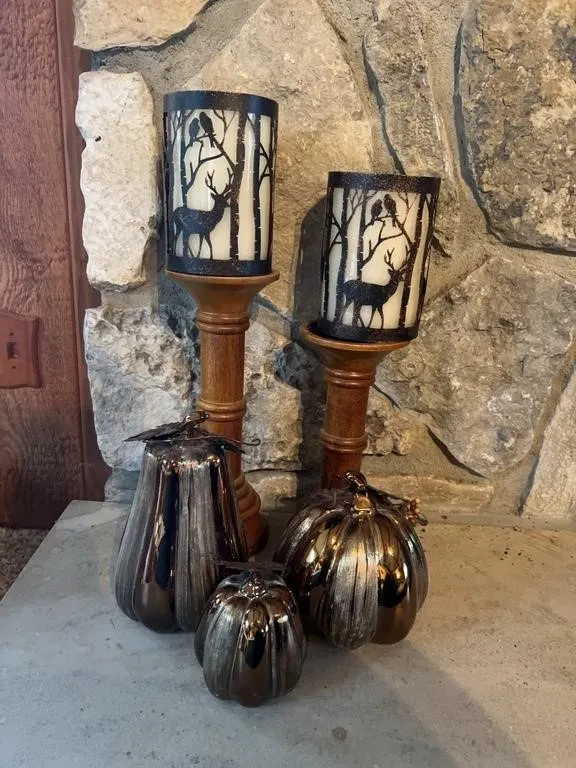 Wooden Candle Holders & Mercury Glass Pumpkins