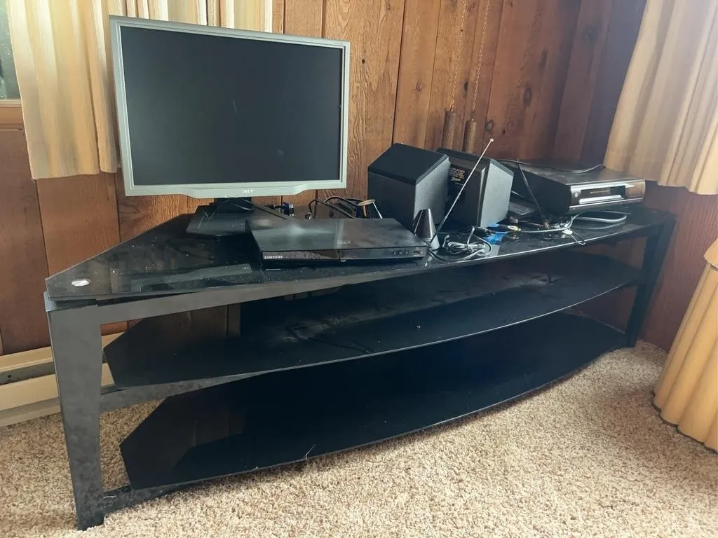 Black Glass Media Console with Electronics Lot