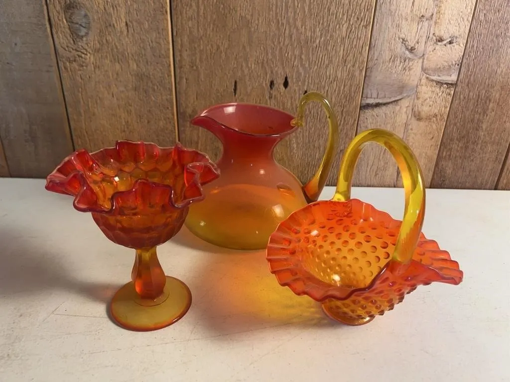 Amberina Art Glass Set: Basket & Pitcher