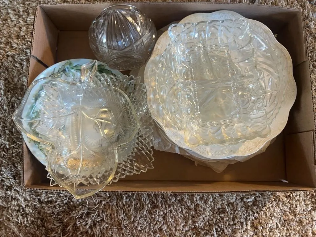 Glass Dish Set with Porcelain Plates & Rose Bowl