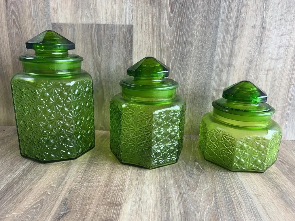 L.E. Smith Green Glass Canister Jar Trio