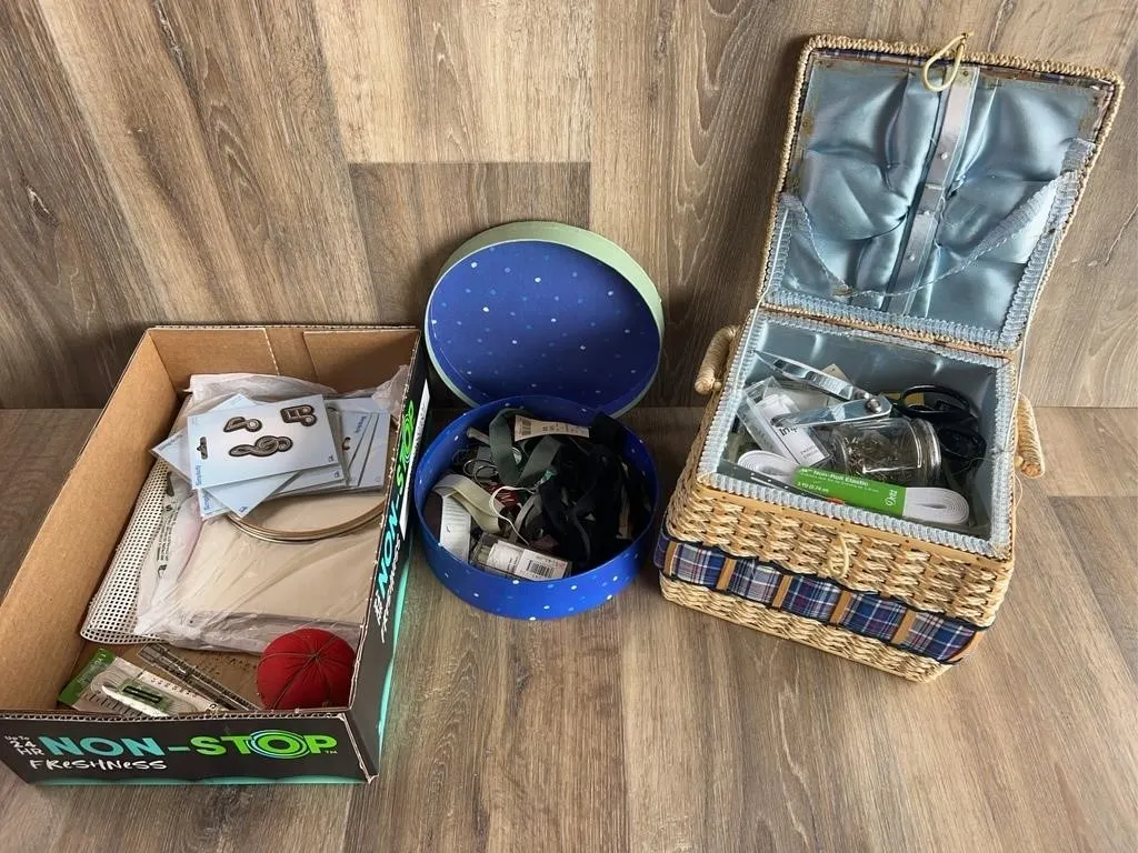 Woven Sewing Basket with Blue Plaid Lid