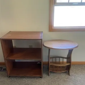 Oak End Table & Rolling Utility Cart
